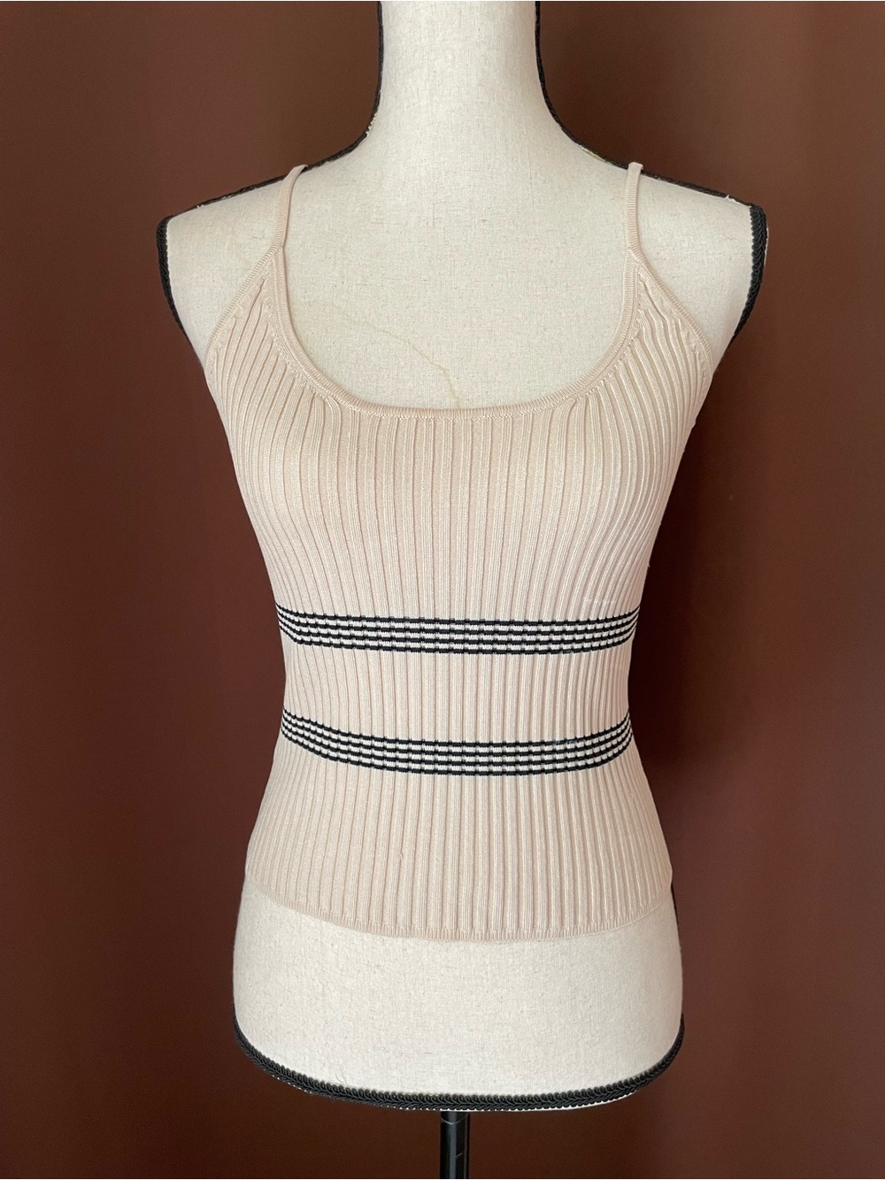 Y2K Bebe Beige & Black Striped Ribbed Silk Blend Tank top S/M